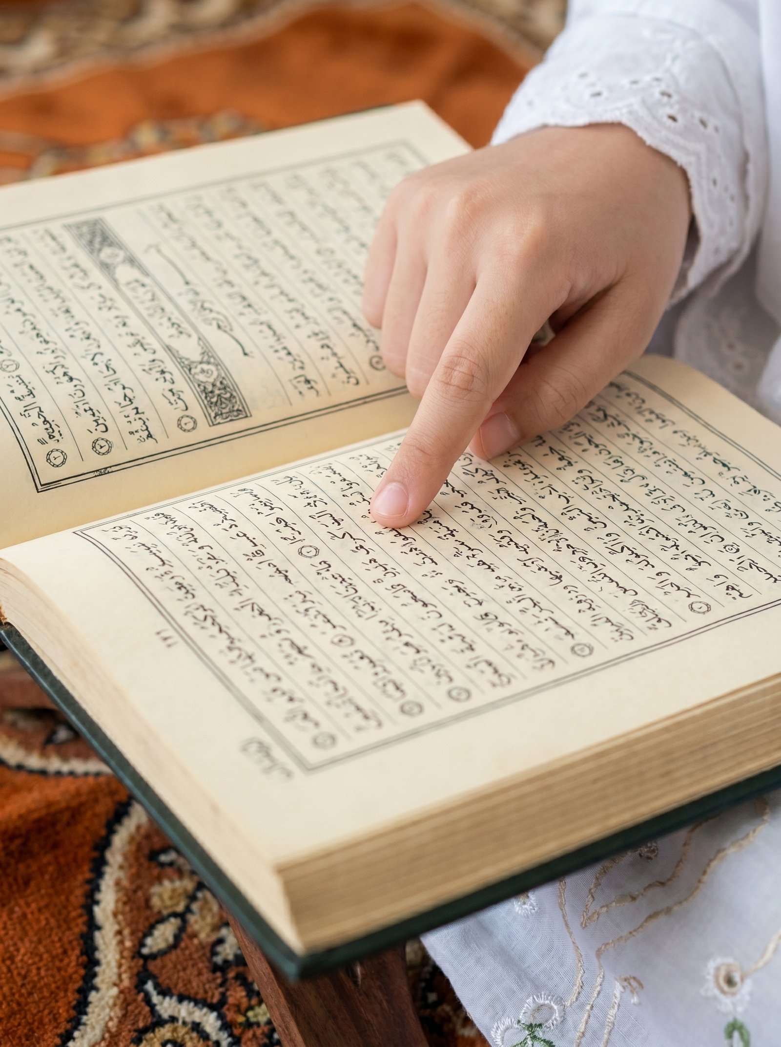 Child pointing at Quran verse — online Quran reading course for kids